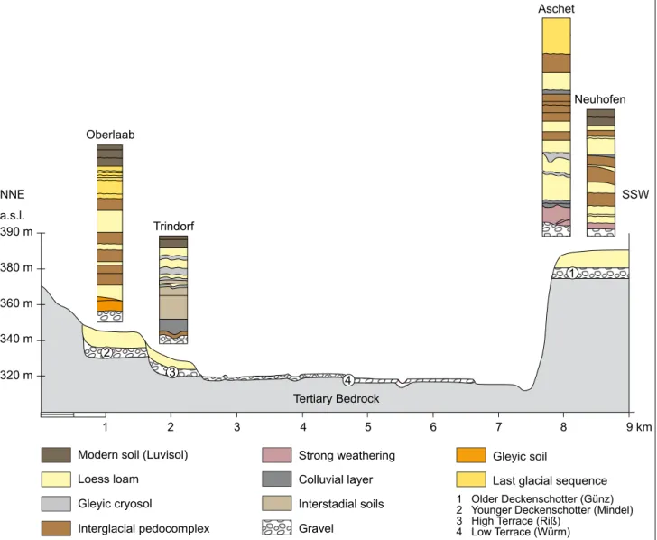 Fig. 2: Geomorphological situation of the presented profiles close to the river Traun/Wels