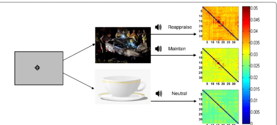 Fig. 1 An illustration of a typical ERT session. A fixation point is on display before each trial, then followed by either a neutral or negative picture on the screen
