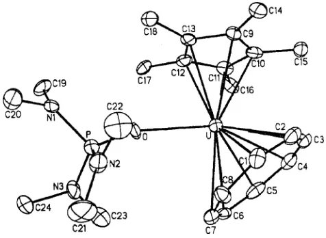 Fig. 13Molecular structure of [U(η-C8H8)(Cp∗){OP(NMe2)3}] [150]. Reproduced withpermission