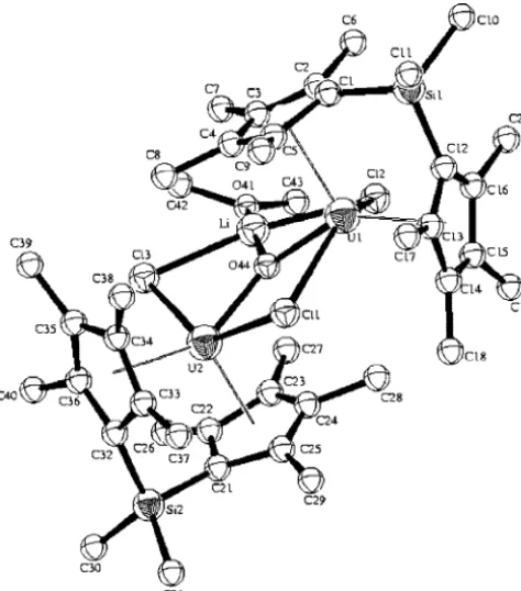 Figure 2. ORTEP plot of complex 3 showing the planar dispositionof atoms Cl1, U1, U2, O41, and O44.