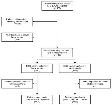 Figure 1 Flow chart of study patient inclusion and questionnaire distribution.Abbreviation: EPE, extended spectrum β-lactamase producing Enterobacteriaceae.