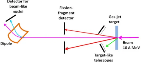 Figure 5. Schematic view of a possible in-ring set-up forthe simultaneous measurement of ﬁssion and gamma-emissionprobabilities in inverse kinematics.