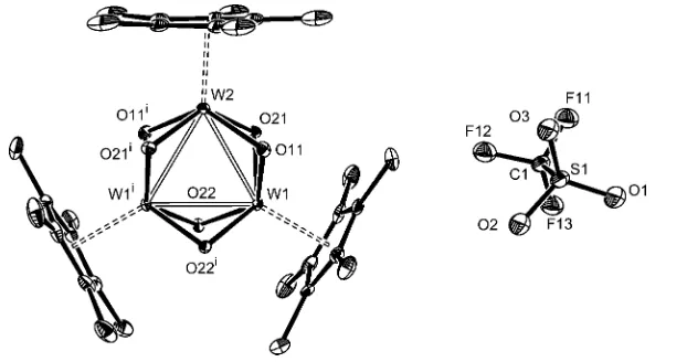 Figure 3. A view of the relative orientation of the cation and anion in the structure of [Cp*3W3O6](CF3SO3) (2)