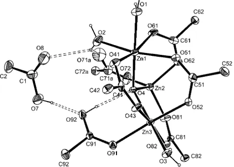 Figure 4.Acule in compoundof the disordered CFviewofthe[Zn3(µ3-O)(µ-CF3COO)4(CF3COO)-(CF3COOH)(H2O)3]– anion and the interstitial CF3COOH mole- 3