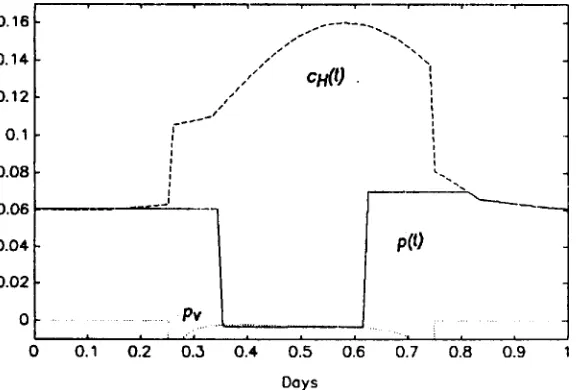 Figure 6. Zoomed excerpts of Figure 5 of the adjoint variable p(r) during I day, together with cH (upper graph) and P