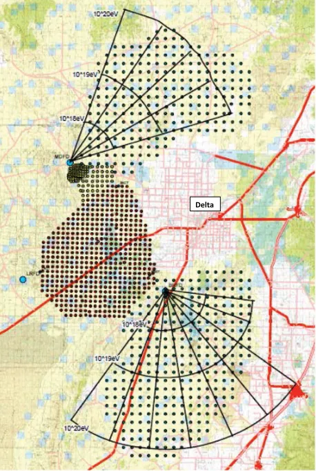 Figure 8. Map showing the Telescope Array with the highspace (with many red lines – roads) to the right of the mainenergy expansion, TA×4