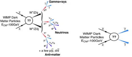 Figure 3. Expected energy spectrum for the annihilation of 300-GeV WIMP producing gamma rays (γ γ, γ Z, γ H lines), whichcan be resolved from the background by various telescopes withenergy resolutions of 10%, 5%, and 0,5% [13].