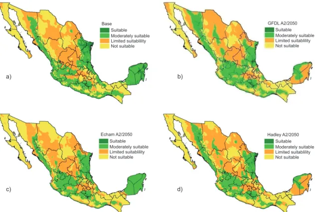 Fig. 2. Suitability for maize production according to a) base year and climate change scenarios A2 by  2050: b) GFDL, c) ECHAM and d) Hadley