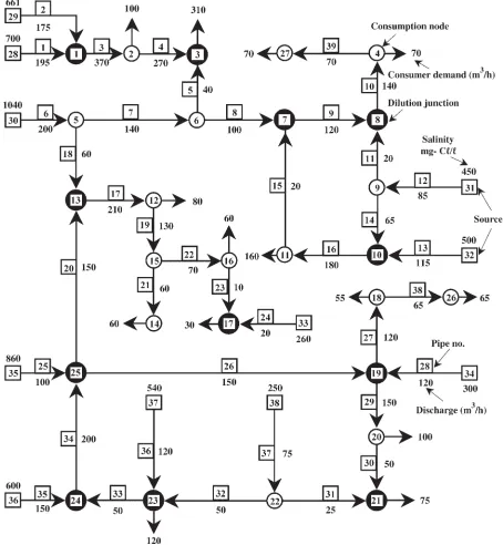 Figure 1. Schematic layout of Central Arava network with initial ﬂows