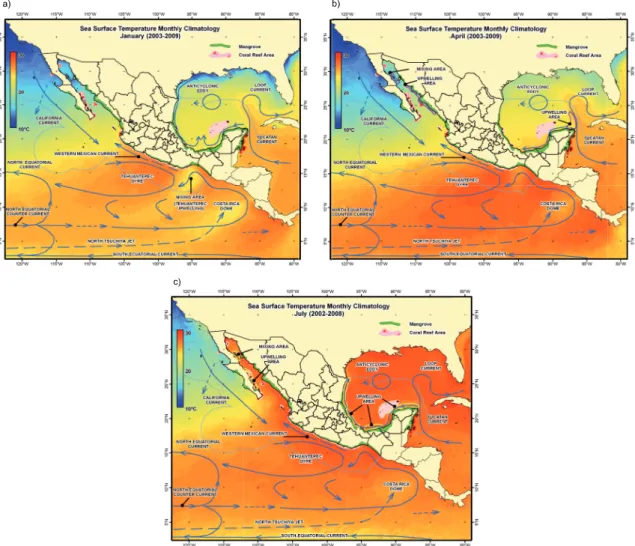 Fig. 1. Sea surface temperature, surface currents, upwelling zones (yellow lines), mangrove zones (green  shading), coral reefs (pink with red shading) and vertical mix zones for a) January, b) April and c) July.
