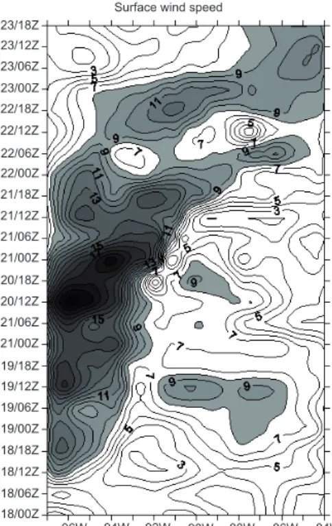 Fig.  11. As  in  Fig.  10,  but  for  the  SST  tendency (shaded areas for cooling ≥ 1.5  x 10 -6  ºC s -1 )