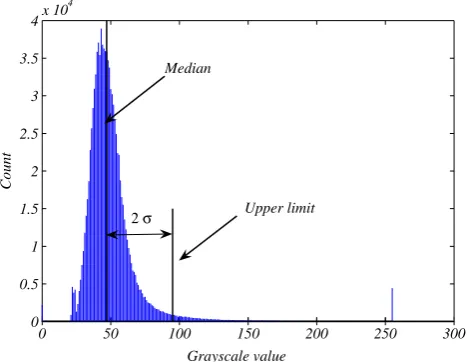 Fig. 1 An intensity histogram for image ‘‘Flume_1’’ (8-bit), itsgrayscale median, and an example of an upper limit (I0 + 2�rI)used for Intensity Capping