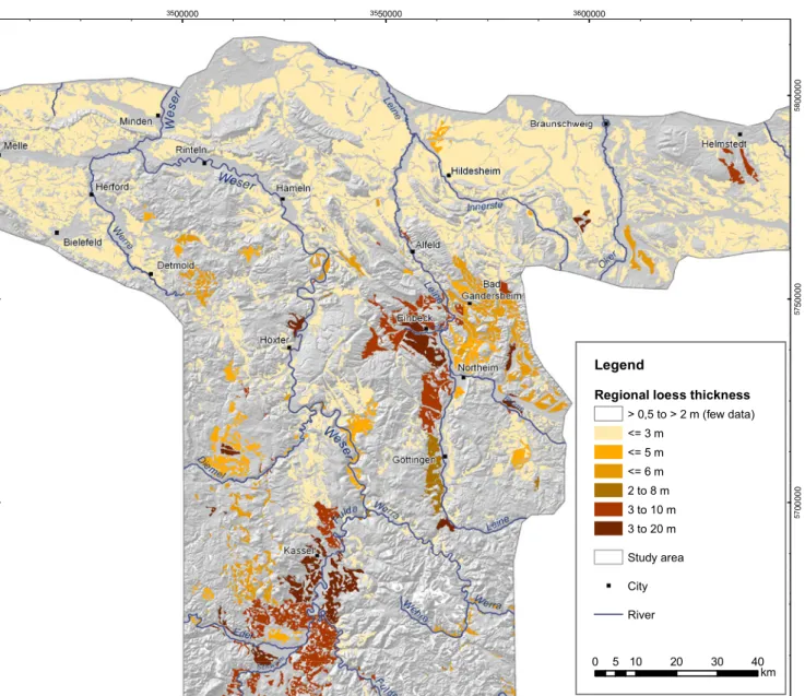 Fig. 5: Thickness map displaying regional thickness ranges of loess and loess-like sediments (including loamy loess, reworked loess, sandy loess, sand-band- sand-band-ed loess and cover sand)