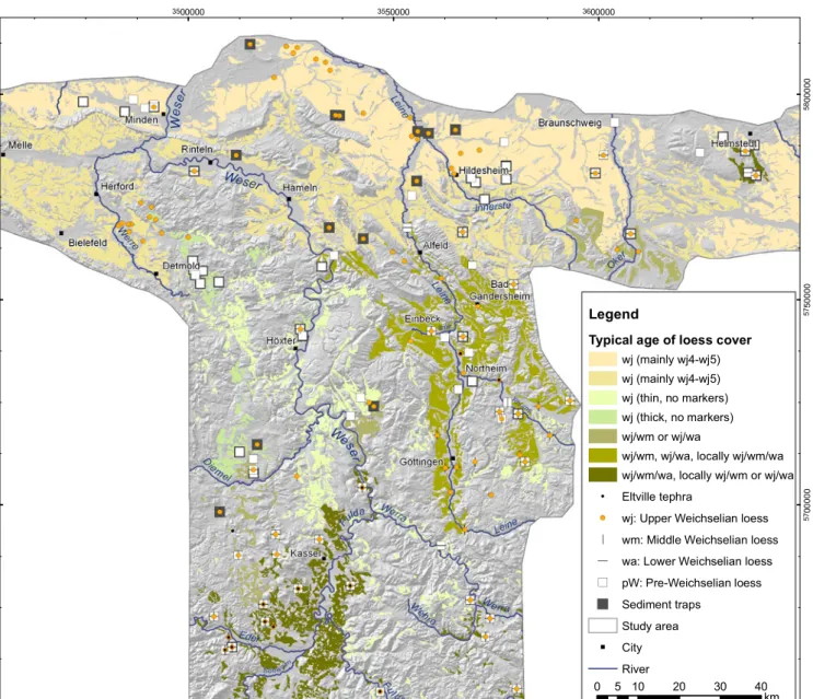 Fig. 7: Stratigraphic map displaying dated loess locations and typical ages of the regional loess cover (including loess-like sediments)