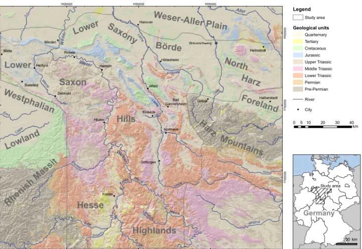 Fig. 1: Outline, main geological units and shaded relief of the study area. (DEM: ASTER GDEM is a product of METI and NASA; river network: Open- Open-StreetMap, published under CC-BY-SA 2.0)