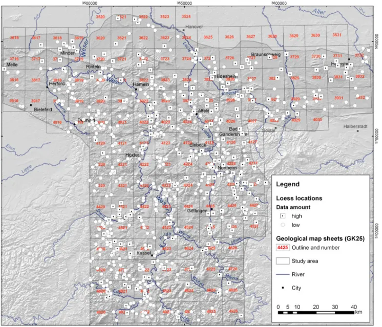 Fig. 3: Loess locations and outline of geological map sheets (1: 25,000 – GK25). (DEM: ASTER GDEM is a product of METI and NASA; river network: 