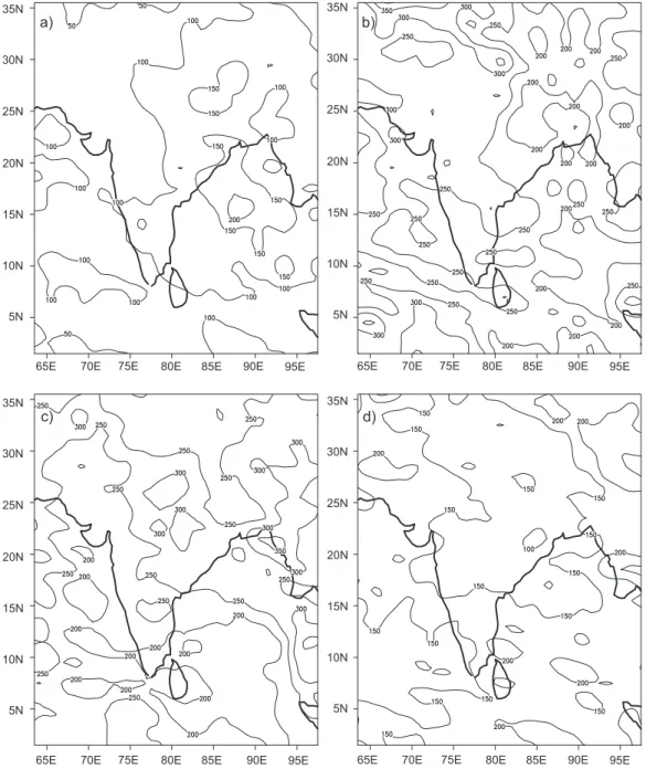 Fig. 3. Same as Fig. 2 but for model predicted rainfall.35N30N25N20N15N10N5N35N30N25N20N15N10N5N35N30N25N20N15N10N5N35N30N25N20N15N10N5N