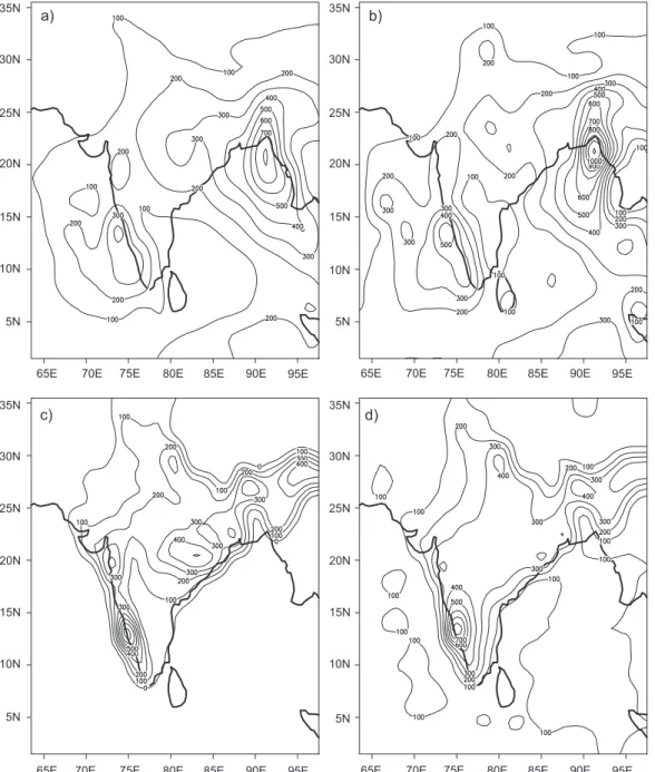 Fig. 4. Monthly rainfall (mm) analysis for June 2001 from a) GPCP, b) CMAP, c) IMD and d)  merged analyses.35Na) b)c)d)30N25N20N