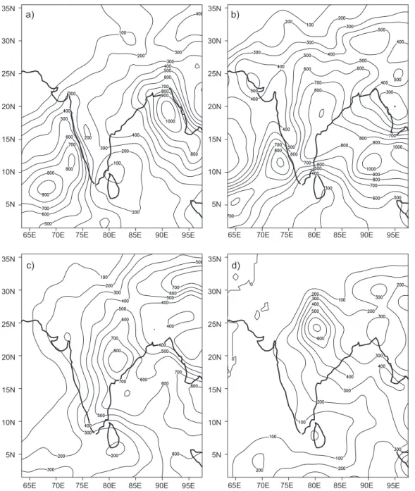 Fig. 9. Monthly analyses of satellite estimated rainfall (mm) for the months of a) June, b) July, (c)  August and d) September for 2003.
