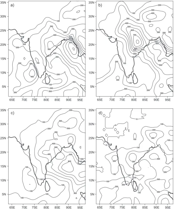 Fig. 2. Monthly analyses of satellite estimated rainfall (mm) for the months of a) June, b) July, c)  August and d) September for 2001.