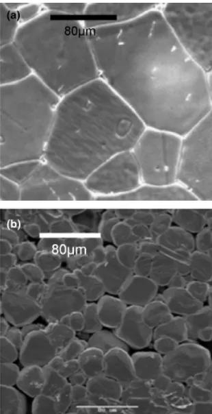 Fig. 9.Secondary-ion mass spectrometry curves of the estimated depthproﬁles of Ba, Nb, and C using Ti as reference, in samples doped nom-inally by 1 mol% Nb, by (a) chloride mixing (approximately 0.74 mol%Nb is detected) and (b) coating (approximately 0.9 mol% Nb in the corewas detected).