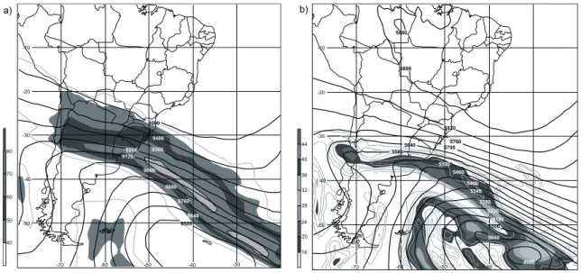 Fig. 2. Objective upper air analyses from the GFS initial fields for South America valid at 0000 UTC 12  September 2005: a)  300-hPa geopotential heights (solid, every 120 gpm) and isotachs (dashed, every 10  m s - 1 ; shaded, every 10 m s - 1  above 40 m 
