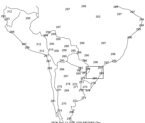 Fig. 3. A plot of surface potential temperature for various stations in South America valid at 1000 UTC  12 September 2005
