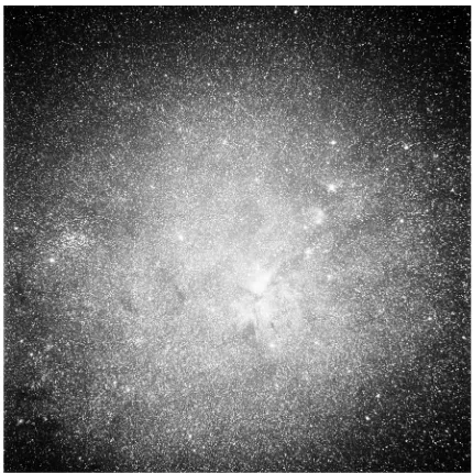 Figure 2. An example of a photo in a rich star ﬁeld, not correctedfor ﬂat ﬁeld, shows the signiﬁcant vigneting in corners that mustbe removed using a ﬂat ﬁeld image or by a ﬁt to the stellar data.