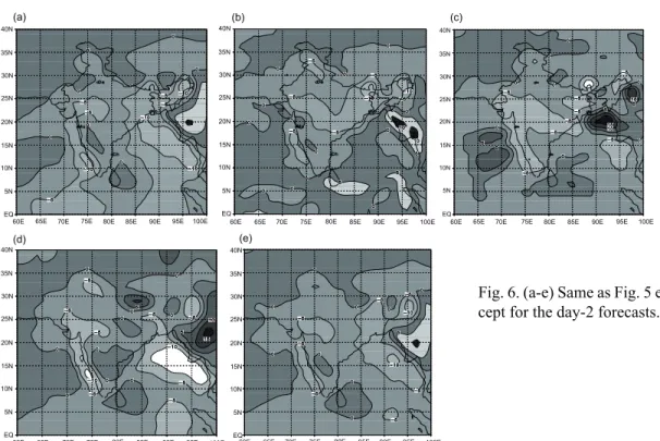 Fig. 7. Spatial distribution of season’s (1 June to 30 September 2006) RMSE in mm day-1 based on daily  day-1 forecasts of (a) LAM (b) MM5 , (c) MM5 (NCMRWF), (d) T-80 and (e) ensemble.