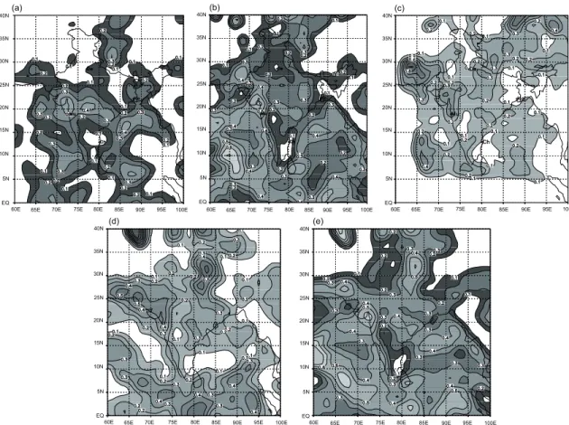 Fig. 9. Spatial distribution of season’s (1 June to 30 September 2006) CC based on daily day-1 forecasts of (a) LAM (b) MM5, (c) MM5 (NCMRWF), (d) T-80 and (e) Ensemble