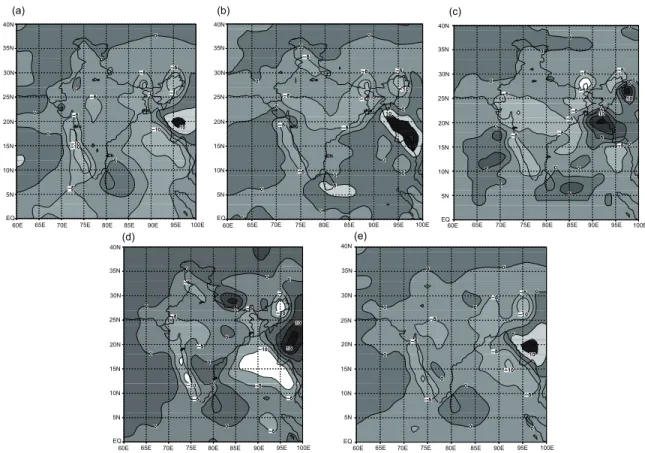 Fig. 5. Spatial distribution of season’s (1 June to 30 September 2006) mean error (Forecast-analysis) in mm day-1  based on daily day-1 forecasts of (a) LAM, (b) MM5 (c) MM5, (NCMRWF), (d) T-80 and (e) ensemble
