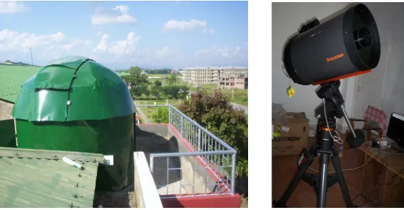 Figure 1. Picture on the left is a self-built dome-type observatory and that on the right is the in-housed Celetron 9.25'' telescope