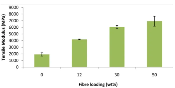 Figure 4. Effect of fibre loading on tensile strength of ABS/EKF composites.               