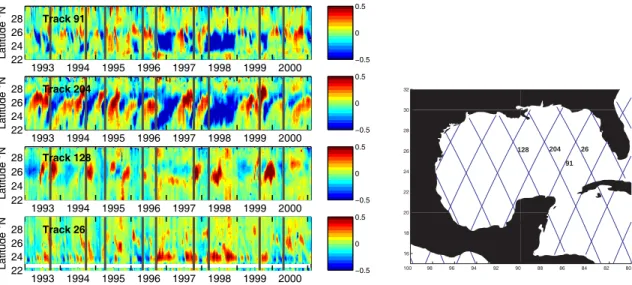 Fig. 3. Sea surface height anomaly along Topex/Poseidon tracks. Thick lines indicate the moment of separation of Loop Current eddies following Sturges and Leben (2000) and Sturges (personal communication)