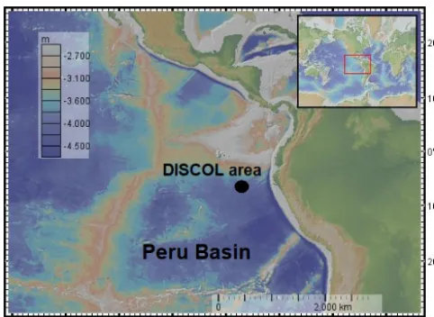 Figure 1. The Peru Basin, with the location of the DISCOL area.The map was created using GeoMapApp (http://www.geomapapp.org, last access: 18 December 2019) and its integrated defaultbasemap Global Multi-Resolutional Topography (GMRT) (Ryan etal., 2009).