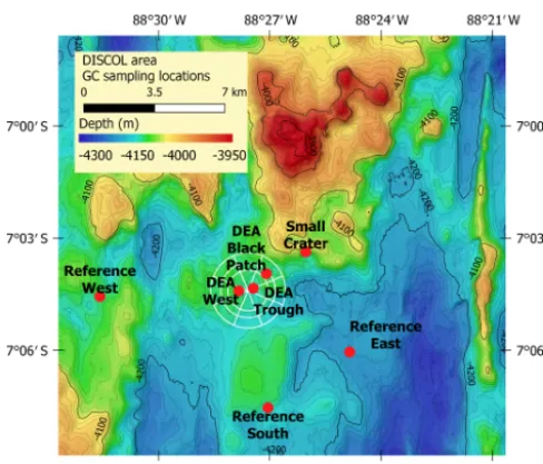 Figure 2. GC sampling locations in the Peru Basin. The circle indi-cates the DISCOL experimental area (DEA) that was traversed witha plow harrow