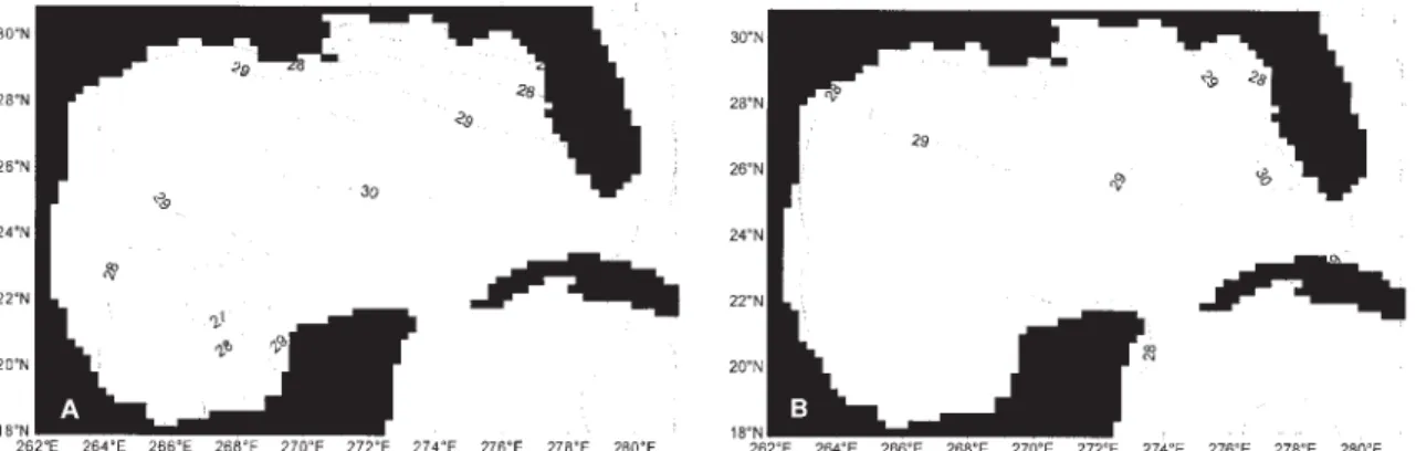 Fig. 3. Sea surface temperature in °C for January: computed by the model (A), and observed (B) from Robinson (1973).