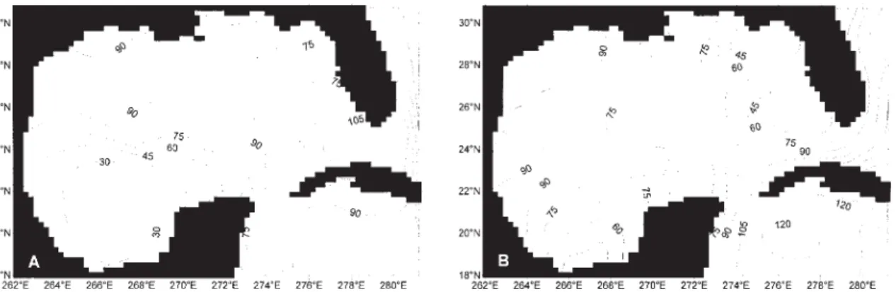 Figure 5 shows the MLD, in meters, computed for January (Part A) and the corresponding observed values (Part B)