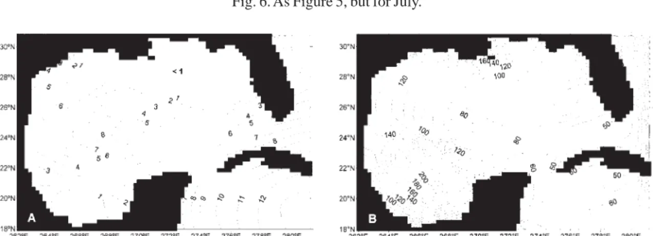 Fig. 7. Magnitude of the surface wind stress:  τ a (10 -2  Nm -2 ) (A), and downward heat flux E S  - G 2  - G 3  (Wm -2 ) computed for July (B).