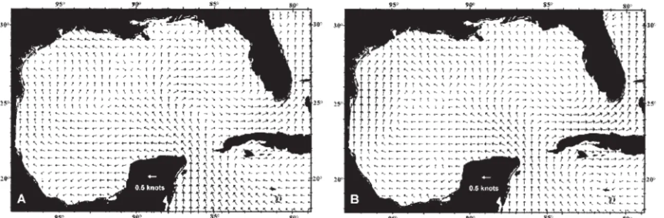 Fig. 2. Observed surface ocean currents, in knots, for Winter (A) and Summer (B).