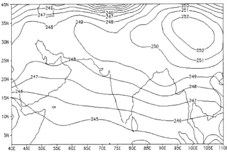 Fig. 9. Temperature analysis (°K ) at 300 hPa for 28 July 1991.