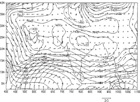 Fig. 2. Univariate height and wind analyses at 850 hPa level for 26 July 1991