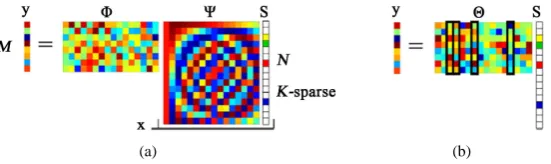 Figure 1. (a) Compressive sensing measurement process with a random Gaussian measure-ment matrix Φ  and DCT matrix Ψ 
