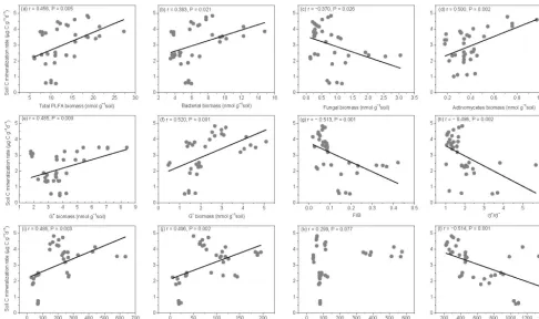Figure 7. Relationships between soil carbon mineralization rates (µgCg−1 d−1) and different groups of soil microbial PLFAs (a–h) andenzyme activities (i–l).