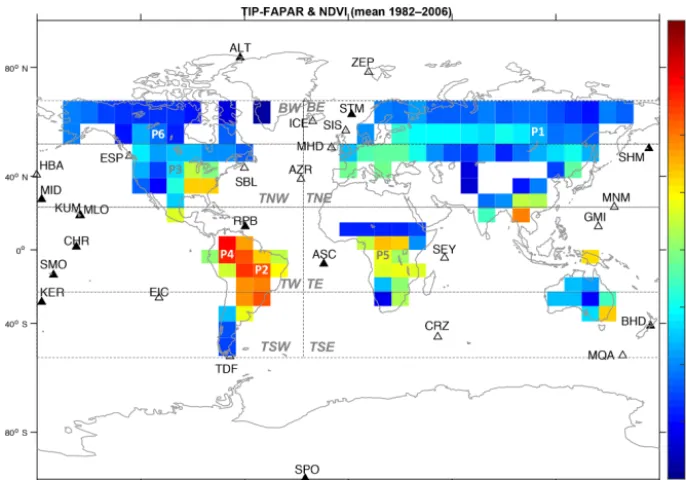 Figure 1. Global distribution of the temporal mean (1982–2006) of the merged satellite FAPAR product used in the assimilation procedure.P1, for the coniferous deciduous (CD) phenotype in the East Siberian Taiga; P2, for the CP3, for the Csituated in northw