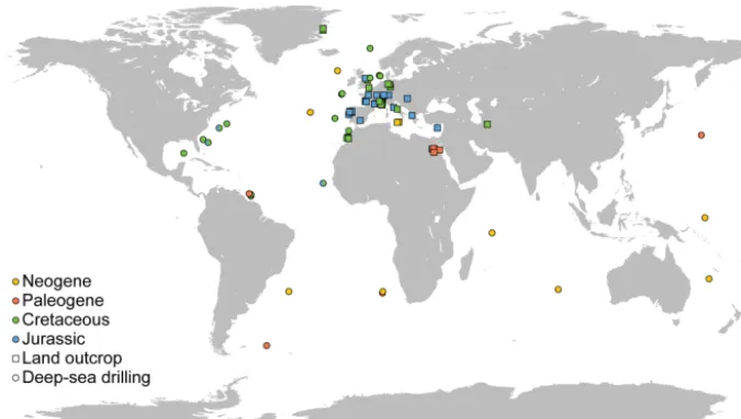 Figure 1. Location of the sites compiled for this study. Colors indicate the age of the samples (Neogene, yellow; Paleogene, orange; Creta-ceous, green; Jurassic, blue)