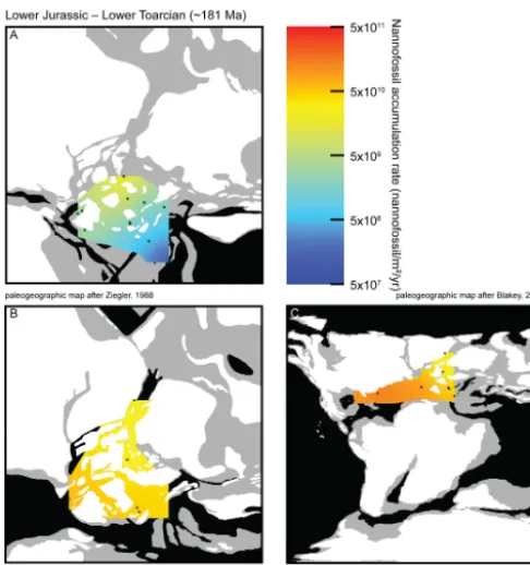 Figure 3. Maps of nannofossil accumulation rate (nannofos-sil m−2 yr−1) drawn from the linear interpolation of the measure-