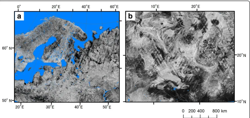 Fig. 1 Grayscale images of surface texture from the 280 m MERIT DEM. Unevenness due to DEM source differences is visible: a around theScandinavian Peninsula and b in the central part of the Sahara Desert