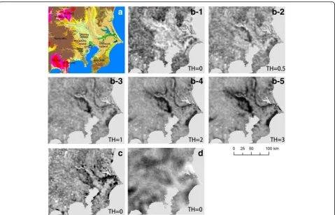 Fig. 5 Local convexity in the 280 m DEM from the Kanto District in Japan, calculated with different threshold values (TH) for separating outDEM.convex points