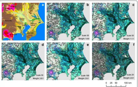 Fig. 7 The area segmentations using different weights and scale parameters on the Kanto District in Japan